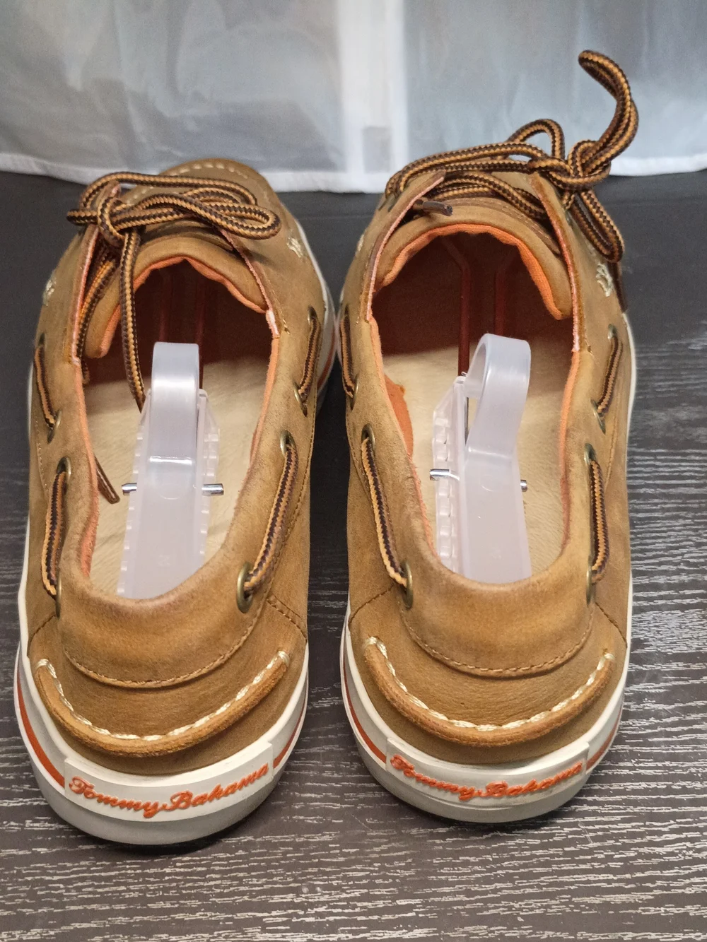 Tommy Bahama Men's 10M Tan Leather Boat Shoes with Orange-Trim Sole!!